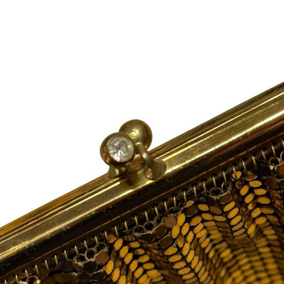 Whiting & Davis Mini Gold Metal Mesh Frame Rhinestone Kiss-Lock Coin Card Clutch