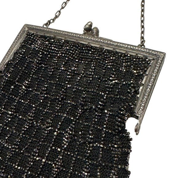 Whiting Davis Sterling Plated Black Kiss-Lock Evening Beaded Wovens Mesh Clutch