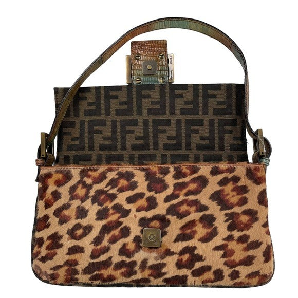 Fendi Zucca Canvas Cheetah Calf Hair Leather Lizard Skin Baguette Shoulder Purse