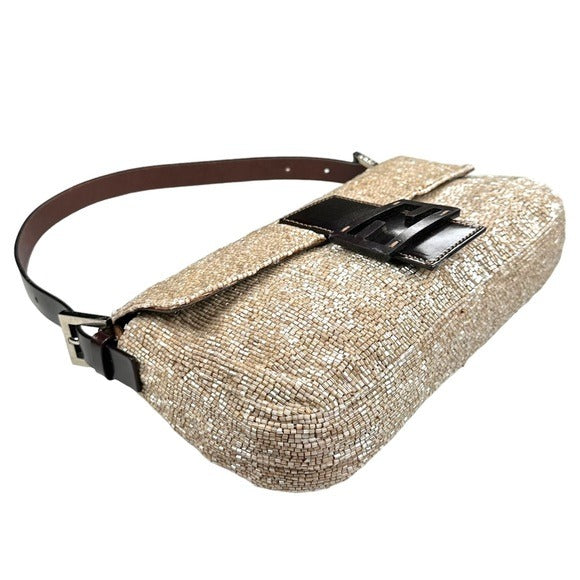 Fendi Champagne Beaded Baguette Brown Leather Strap Shoulder Purse