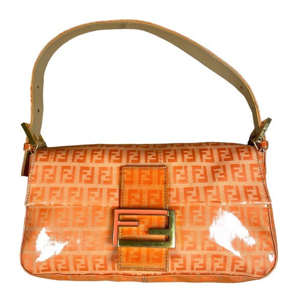 Fendi Orange Crush Coated Canvas Zucchino Baguette Flap Shoulder Purse Bag