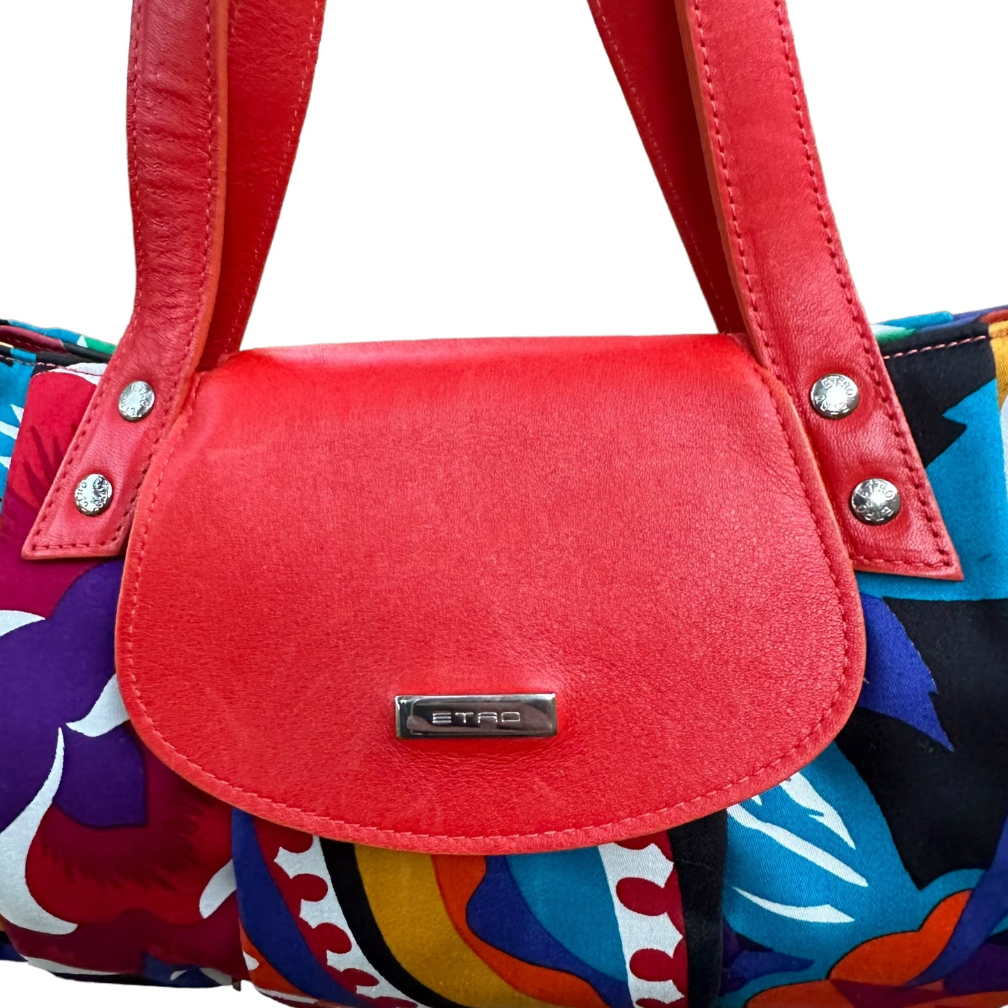 Etro Floral Canvas Fabric Multi Color Leather East West Shoulder Purse