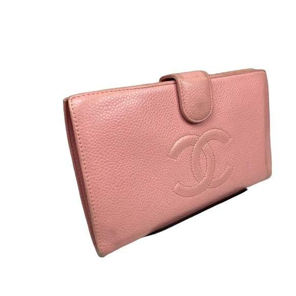 Chanel CC Caviar Pink Leather Classic Long Snap Wallet Kiss-Lock Coin Card Cash