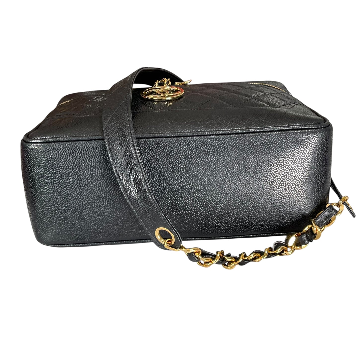 Chanel CC Cosmetic Camera Tolietry Vanity Caviar Black Leather 24K Plated 2 Way Purse