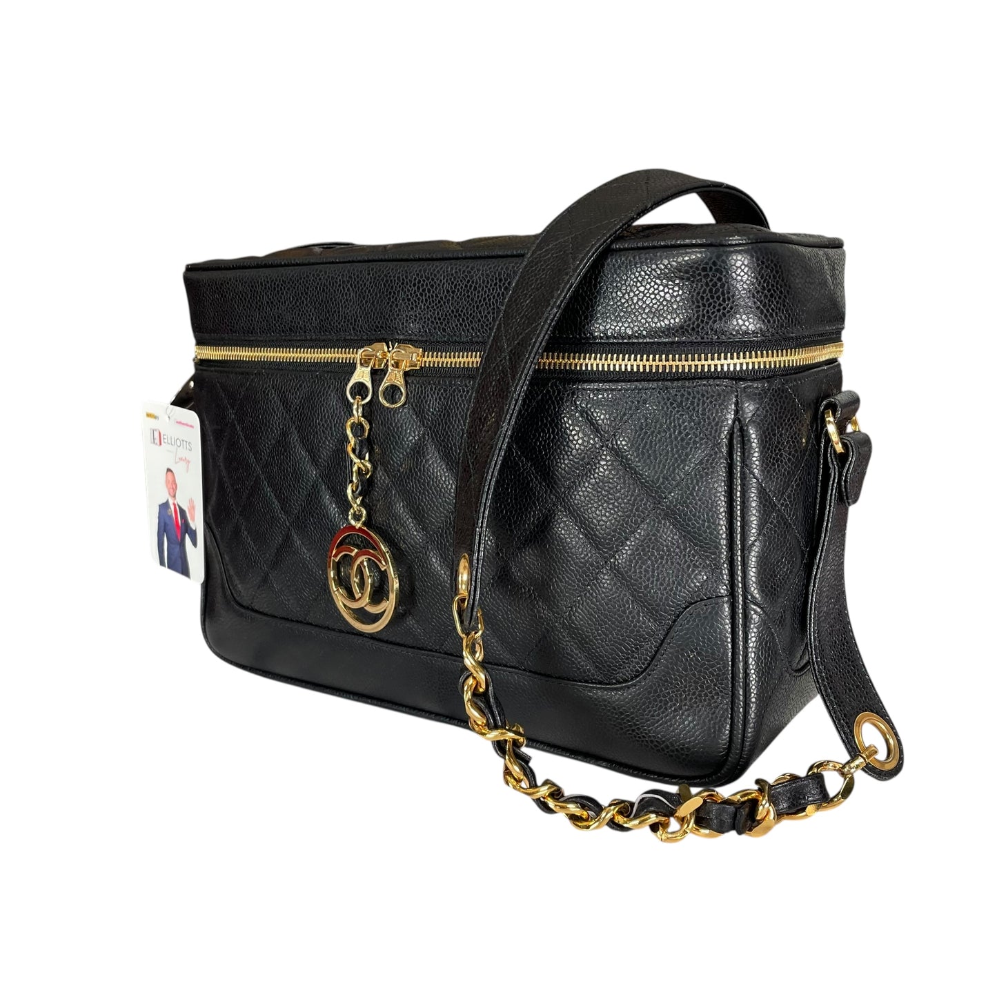 Chanel CC Cosmetic Camera Tolietry Vanity Caviar Black Leather 24K Plated 2 Way Purse
