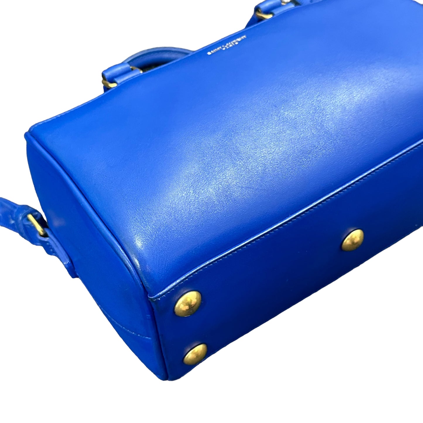 YSL Yves Saint Laurent Cobalt Blue Mini Calfskin Boston Two-Way Strap Speedy Bag