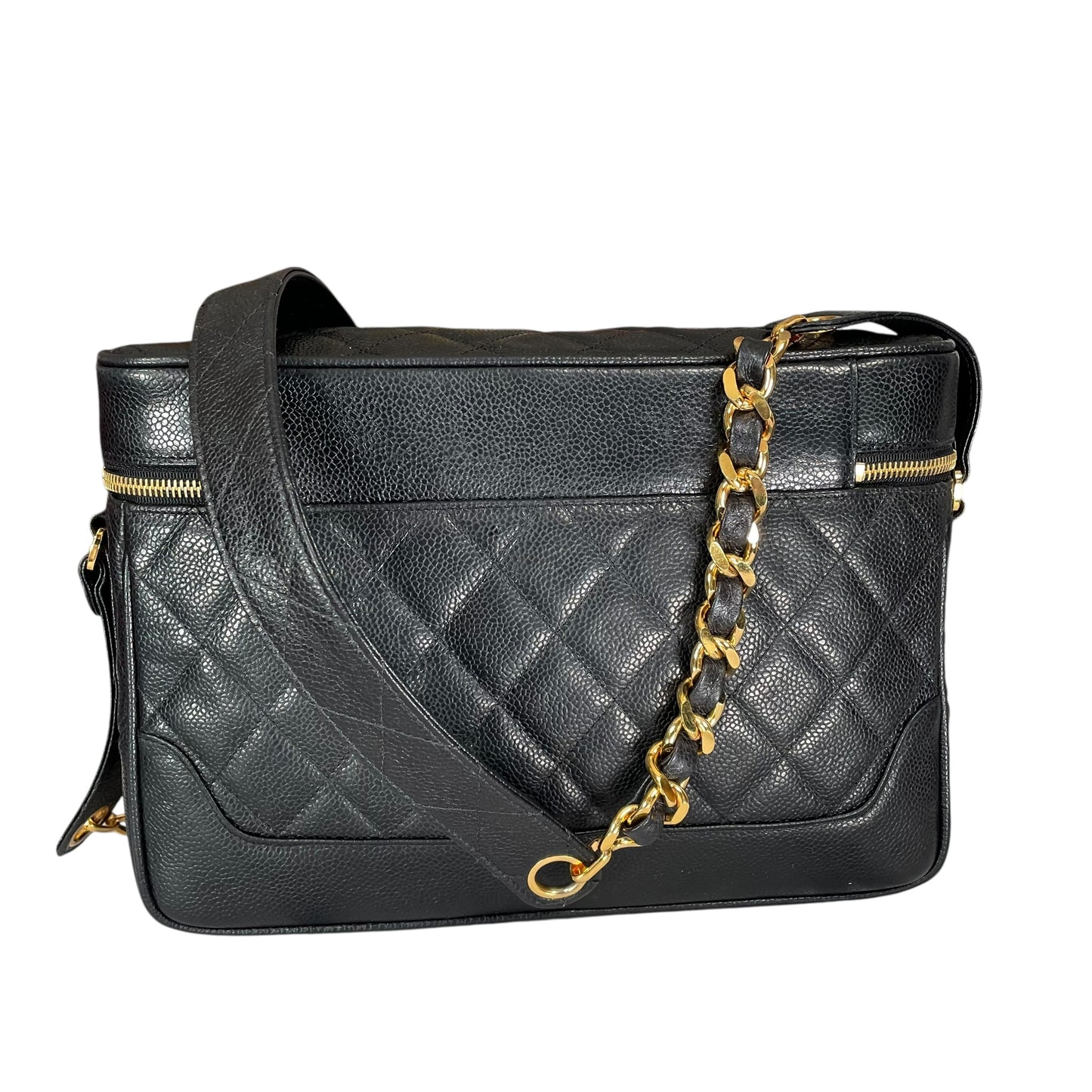 Chanel CC Cosmetic Camera Tolietry Vanity Caviar Black Leather 24K Plated 2 Way Purse