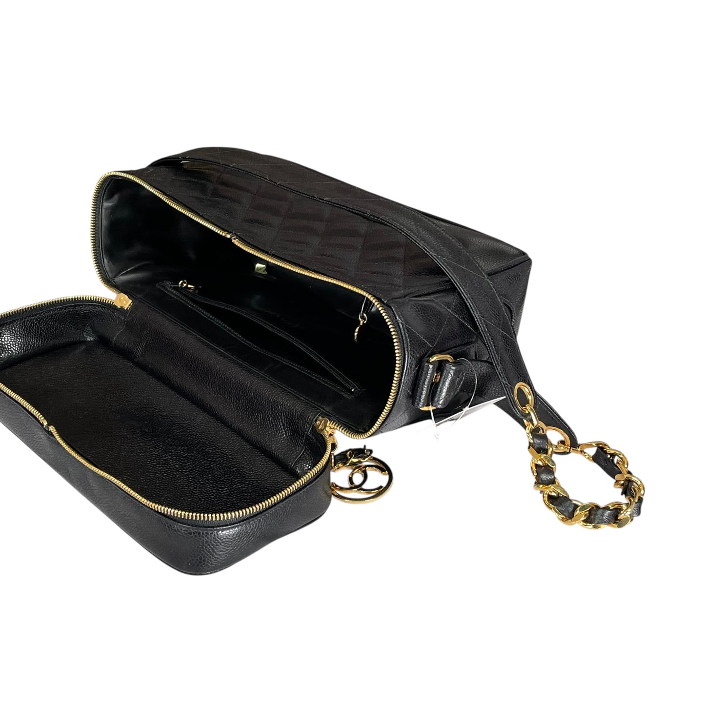 Chanel CC Cosmetic Camera Tolietry Vanity Caviar Black Leather 24K Plated 2 Way Purse