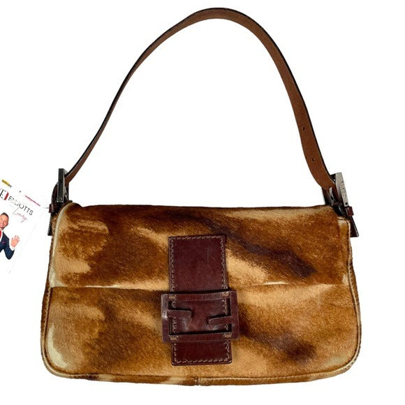 Fendi Calf-Hair Abstract Classic Baguette Shoulder Purse Flap Sterling Bag