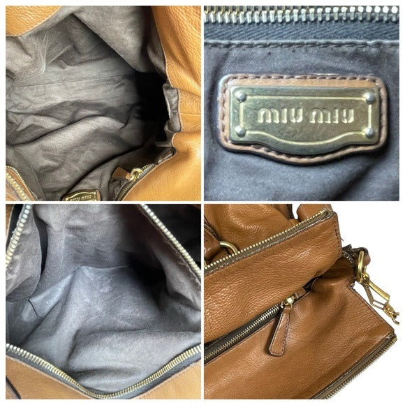 Miu Miu XL Crossbody Satchel Brown Brushed Gold Leather Bow Side Purse Hobo Bag
