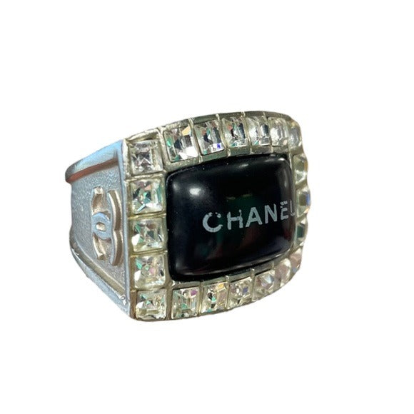 Chanel CC Multi Channel Set Rhinestone CZ Silver Tone Estate Ring Size 7