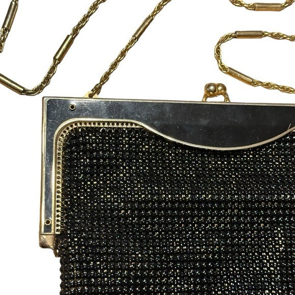 Whiting & Davis Black Gold Shoulder Metal Mesh Kiss-Lock Hollywood Regency Purse