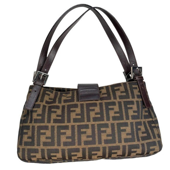 Fendi Zucca Dual Handle Shoulder Baguette Leather Canvas Purse