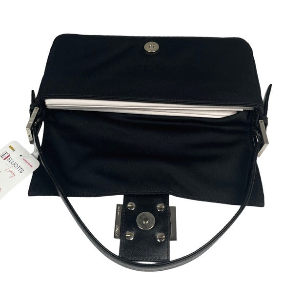 Fendi Black Satin Silver FF Baguette Flap Bag Purse Shoulder Leather Snap Clutch
