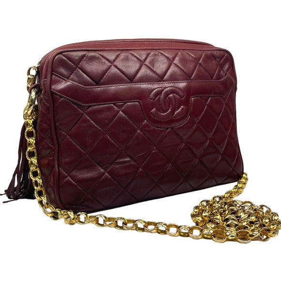 Chanel CC Lambskin Bordeaux Quilted Crossbody 24K Plated Chain Tassel Purse Bag
