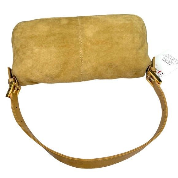Fendi FF Glitter Tan Leather Gold Flap Bag Logo Suede Baguette Shoulder Purse