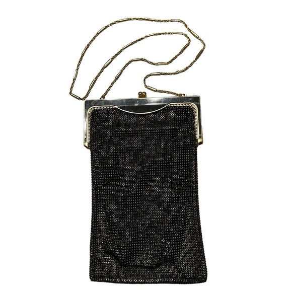 Whiting & Davis Black Gold Shoulder Metal Mesh Kiss-Lock Hollywood Regency Purse