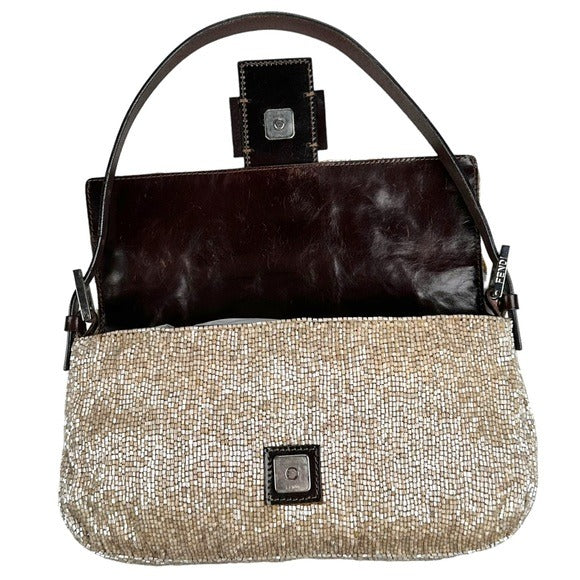 Fendi Champagne Beaded Baguette Brown Leather Strap Shoulder Purse