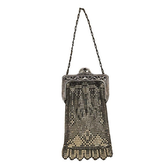 Whiting & Davis Crescent Silver Plate Crème Ivory Mountain Mesh Metal Kiss-Lock