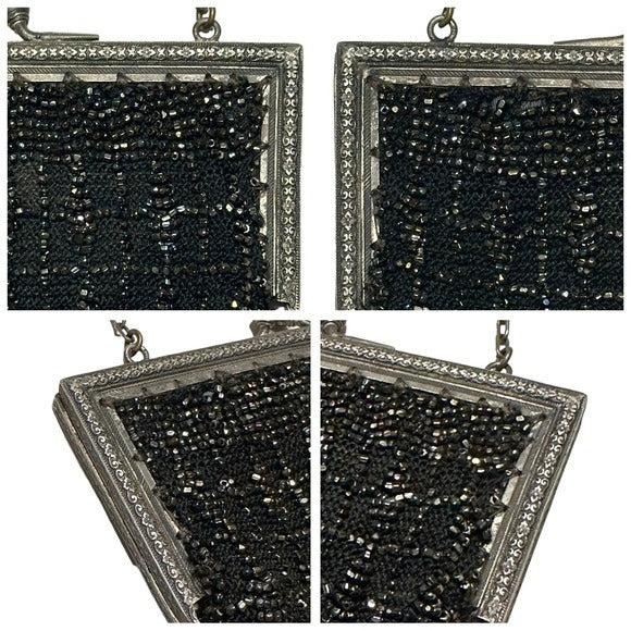 Whiting Davis Sterling Plated Black Kiss-Lock Evening Beaded Wovens Mesh Clutch