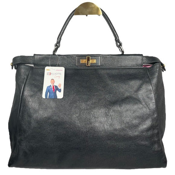 Fendi Black Leather Large Peek-A-Boo Exotic Turn-Key Top Handle Purse To…