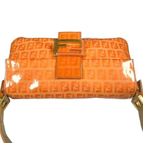 Fendi Orange Crush Coated Canvas Zucchino Baguette Flap Shoulder Purse Bag