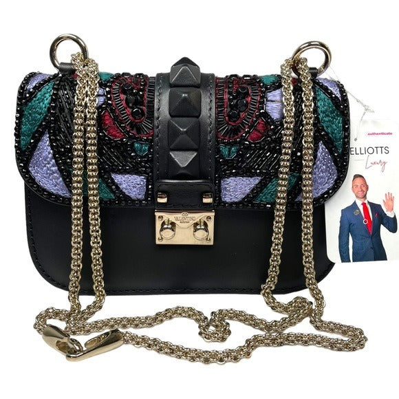 Valentino Garavani Beaded Rock Studded Chain Black Leather Multi Cross Bod Minu Bag