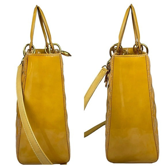 Christian Dior Lady Medium Patent Mustard Cannage Two-Way Top Handle Tote Purse