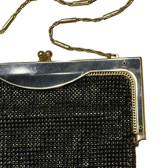 Whiting & Davis Black Gold Shoulder Metal Mesh Kiss-Lock Hollywood Regency Purse