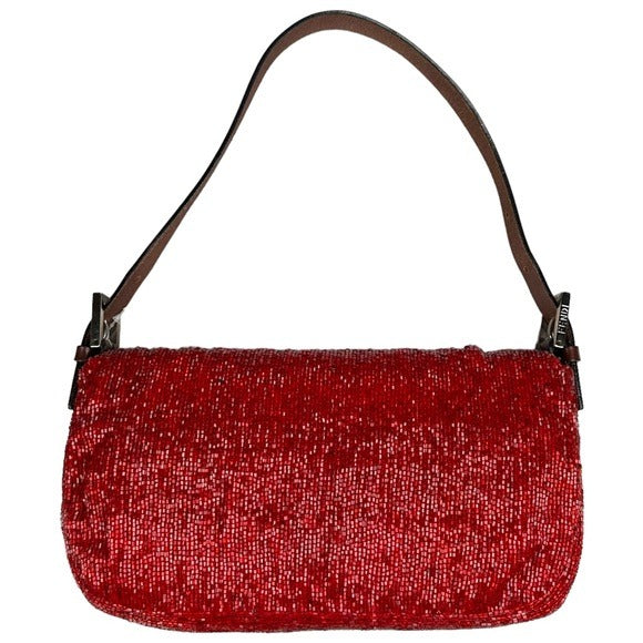 Fendi Red Metallic Baguette Beaded Brown Leather Strap Shoulder Flap Bag