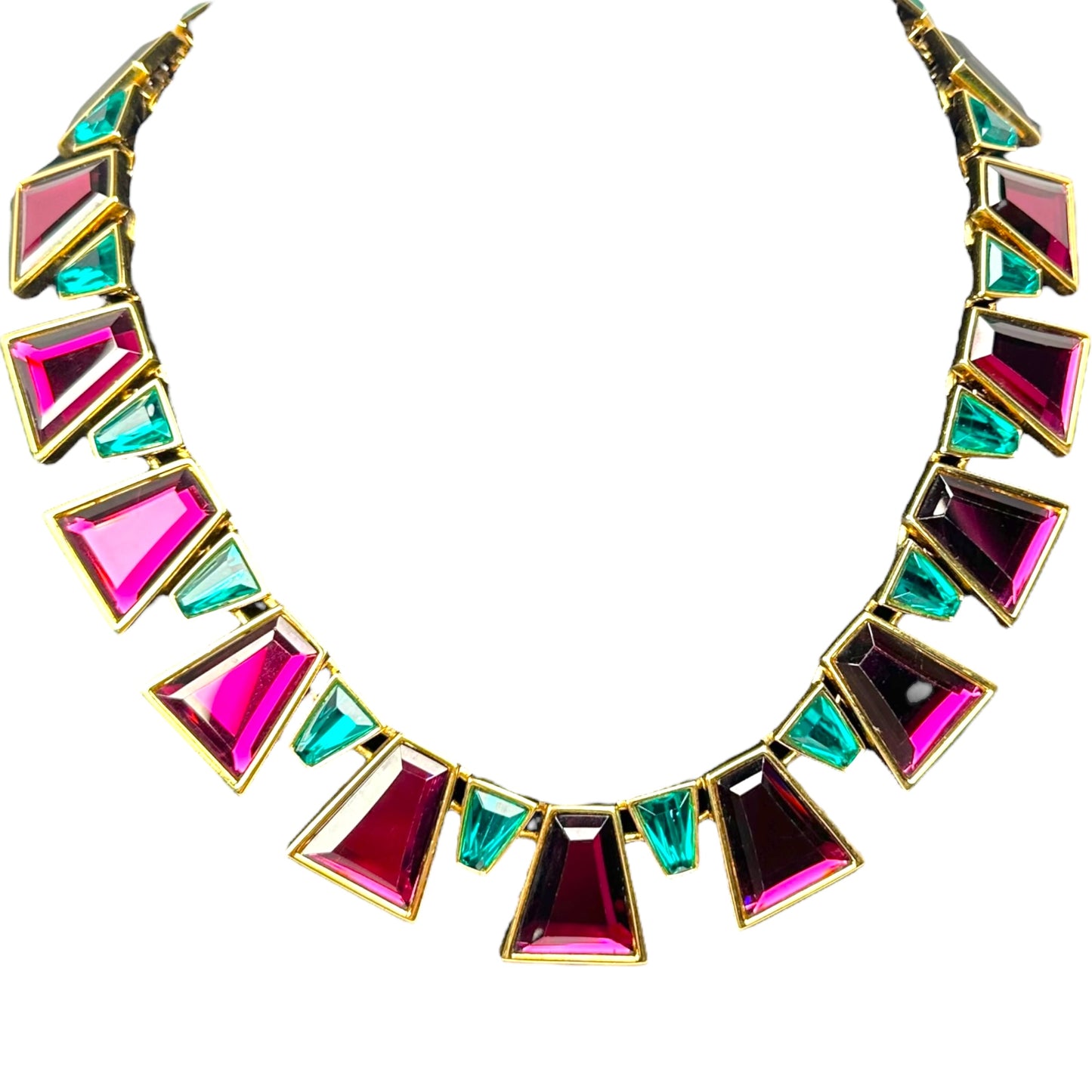 YSL 24K Plated Raspberry Peacock Trapezoid Swarovski Egyptian Mardi Gras Necklace 18"