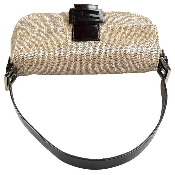 Fendi Champagne Beaded Baguette Brown Leather Strap Shoulder Purse