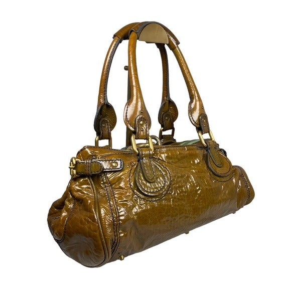 Chloe Bronze Blue Stitch Patent Leather Large Paddington Lock Shoulder Bag Tote
