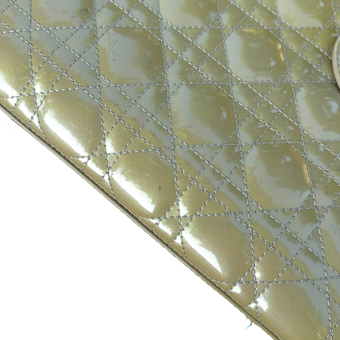 Christian Dior Lady Green Pearl Silver Cannage Patent Leather Zip Two-Way Purse