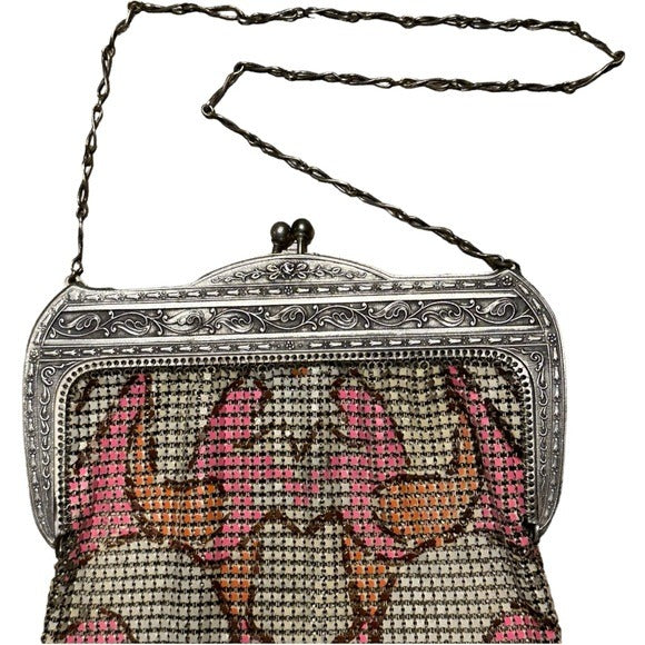 Whiting & Davis Med. Sterling Metal Mesh Plate Pink Orange Abstract Clutch Purse