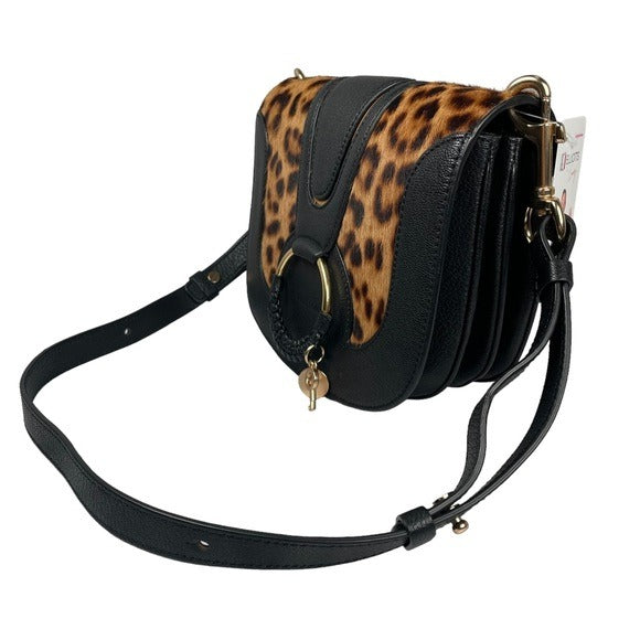 See By Chloe Calf Hair Cheetah Black Leather Satchel Flap Crossbody Strap Purse