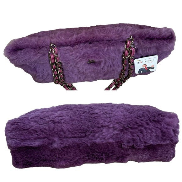 Chanel CC Antique Brushed Hardware Leather Chain Large Rabbit Fur Purple Purse