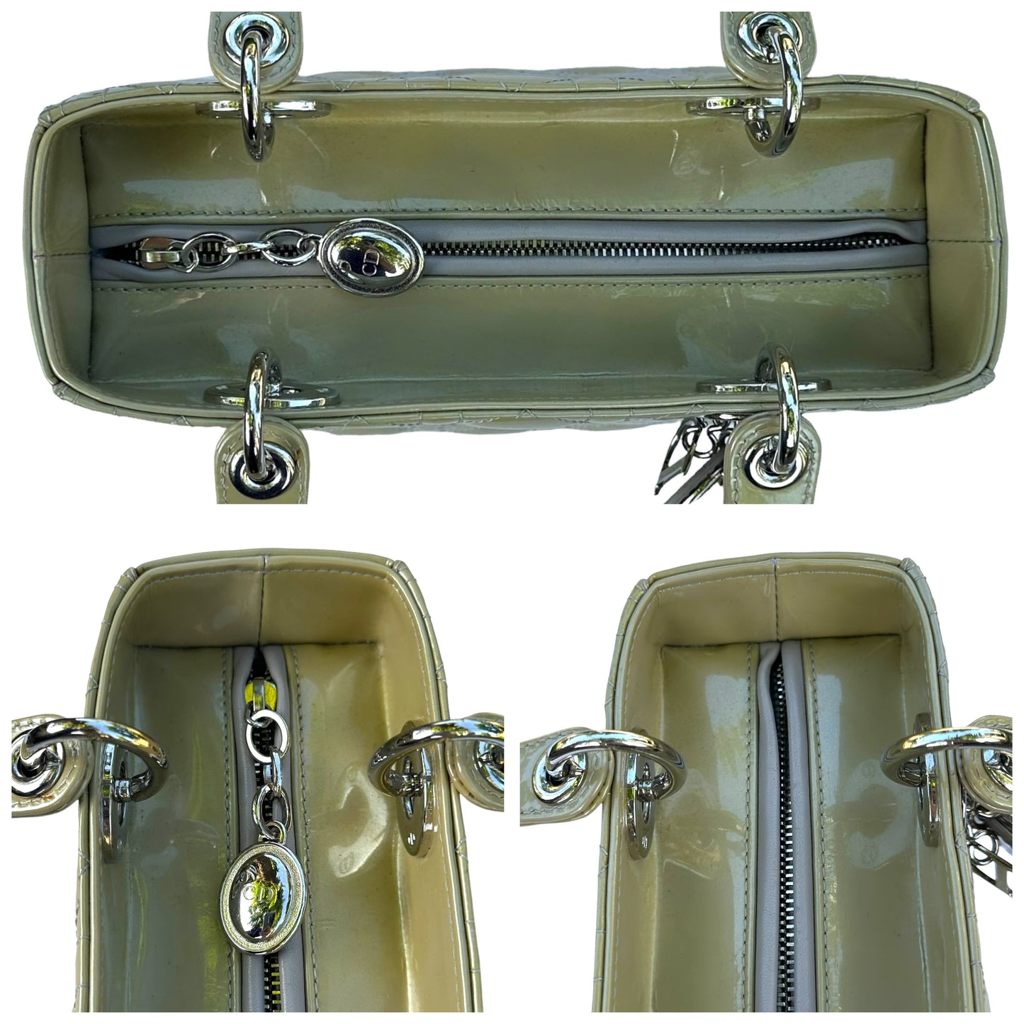 Christian Dior Lady Green Pearl Silver Cannage Patent Leather Zip Two-Way Purse