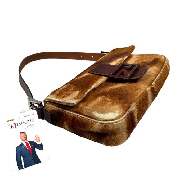 Fendi Calf-Hair Abstract Classic Baguette Shoulder Purse Flap Sterling Bag