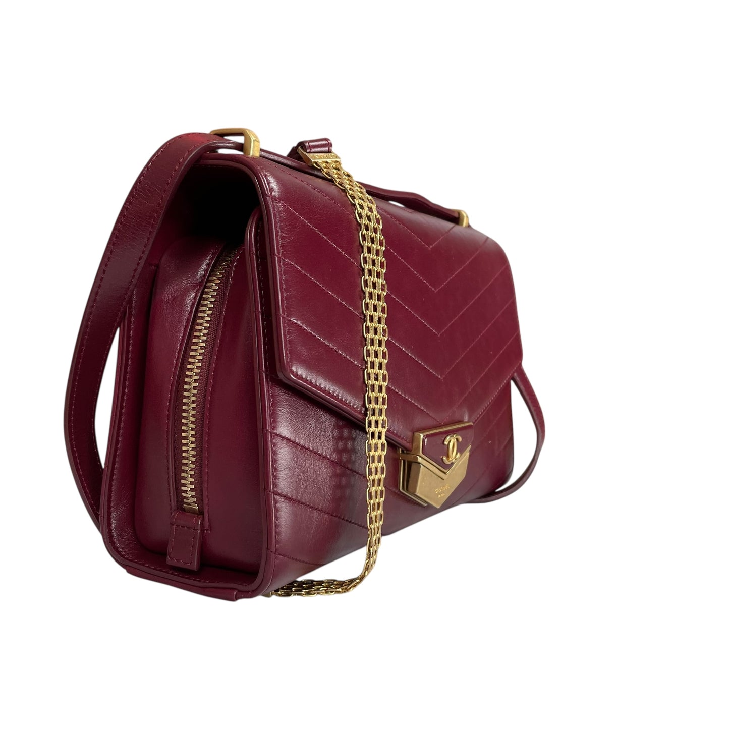 Chanel CC Medal Bucket Envelop Merlot Zip Brushed GHW Burgundy 2Way CrossbodyPurse