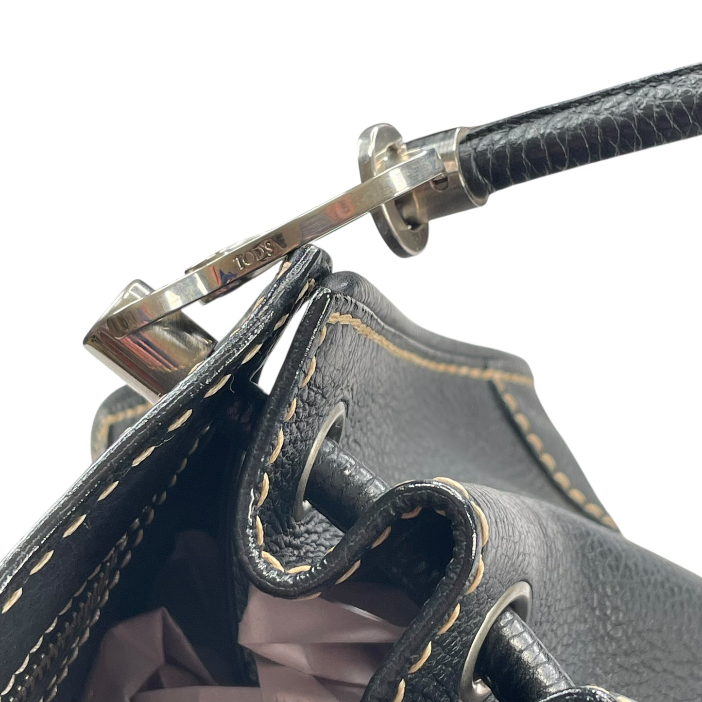 TOD’s Black Equestrian Pebbled Brushed SHW Drawstring Leather Shoulder Purse