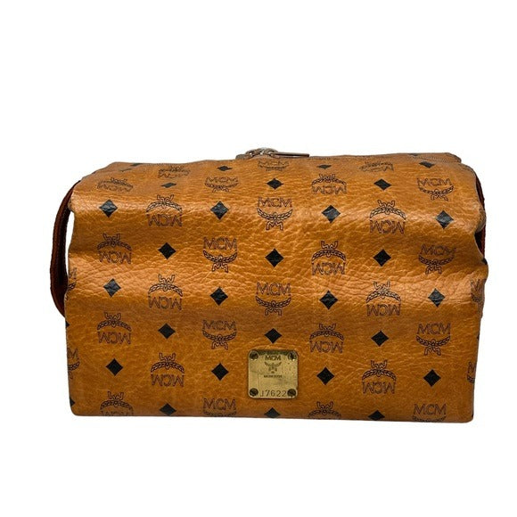 MCM Cognac Viestos Brown Black Zippy Travel Toiletry Cosmetic Bag Large Bucket
