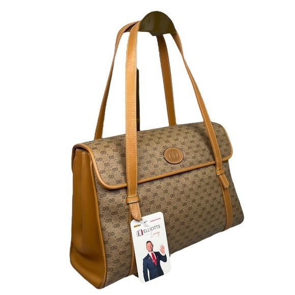Gucci GG Micro Satchel Canvas Leather Tan Three File Shoulder Tote Purse Bag