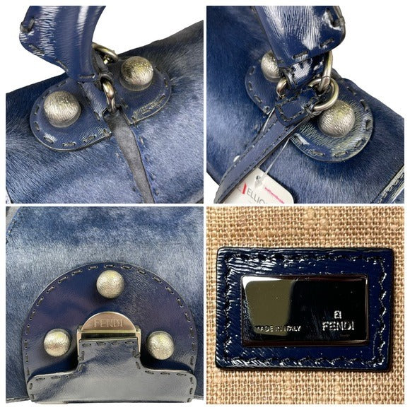 Fendi Selleria Calf Hair Navy Blue Messenger Gunmetal Flap Two Way Crossbody Bag