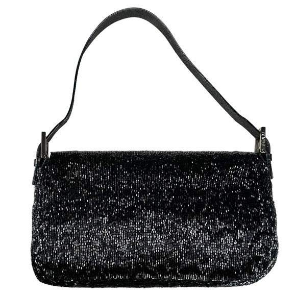 Fendi Black Silver Beaded Baguette Leather Strap Shoulder Purse Flap Bag