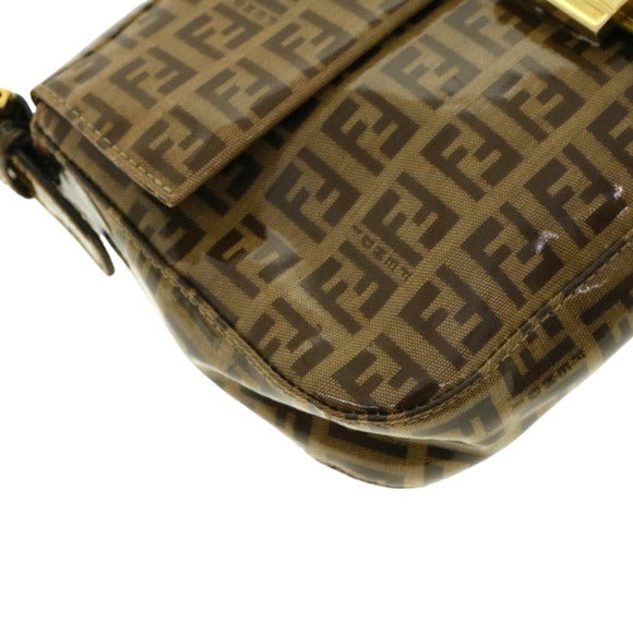 Fendi Zucchino Coated Canvas Baguette Shoulder Leather Strap Bag Beige Purse