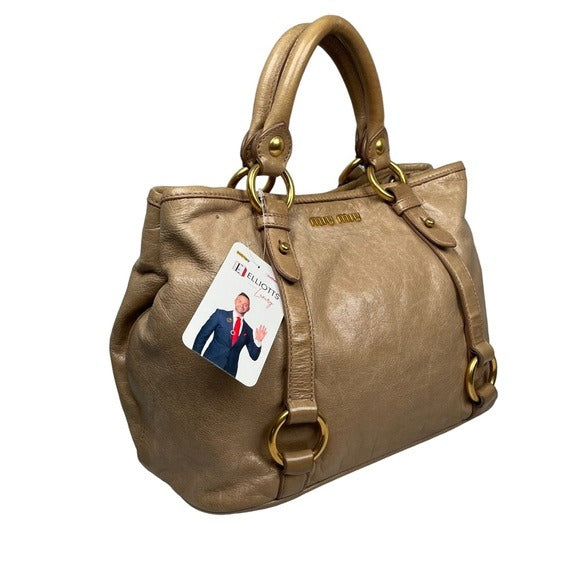 Miu Miu Golden Wheat Leather Crossbody Satchel Purse Snap Zip Blush Satin Bag