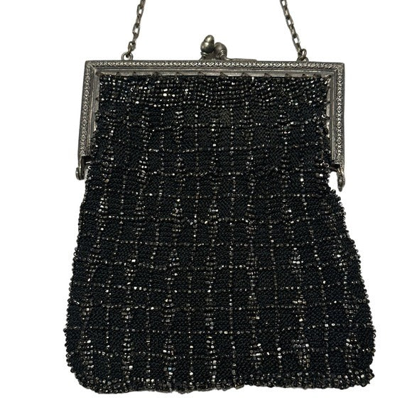 Whiting Davis Sterling Plated Black Kiss-Lock Evening Beaded Wovens Mesh Clutch