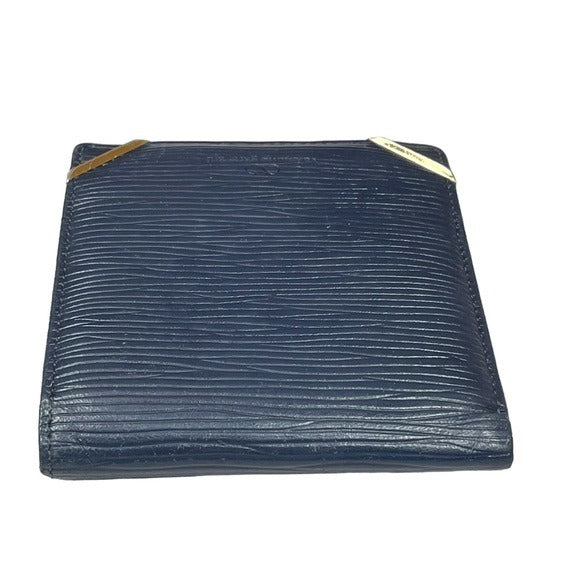 Valentino Garavani Navy Blue Woodgrain Leather Goldtone Corner Bi-Fold Wallet