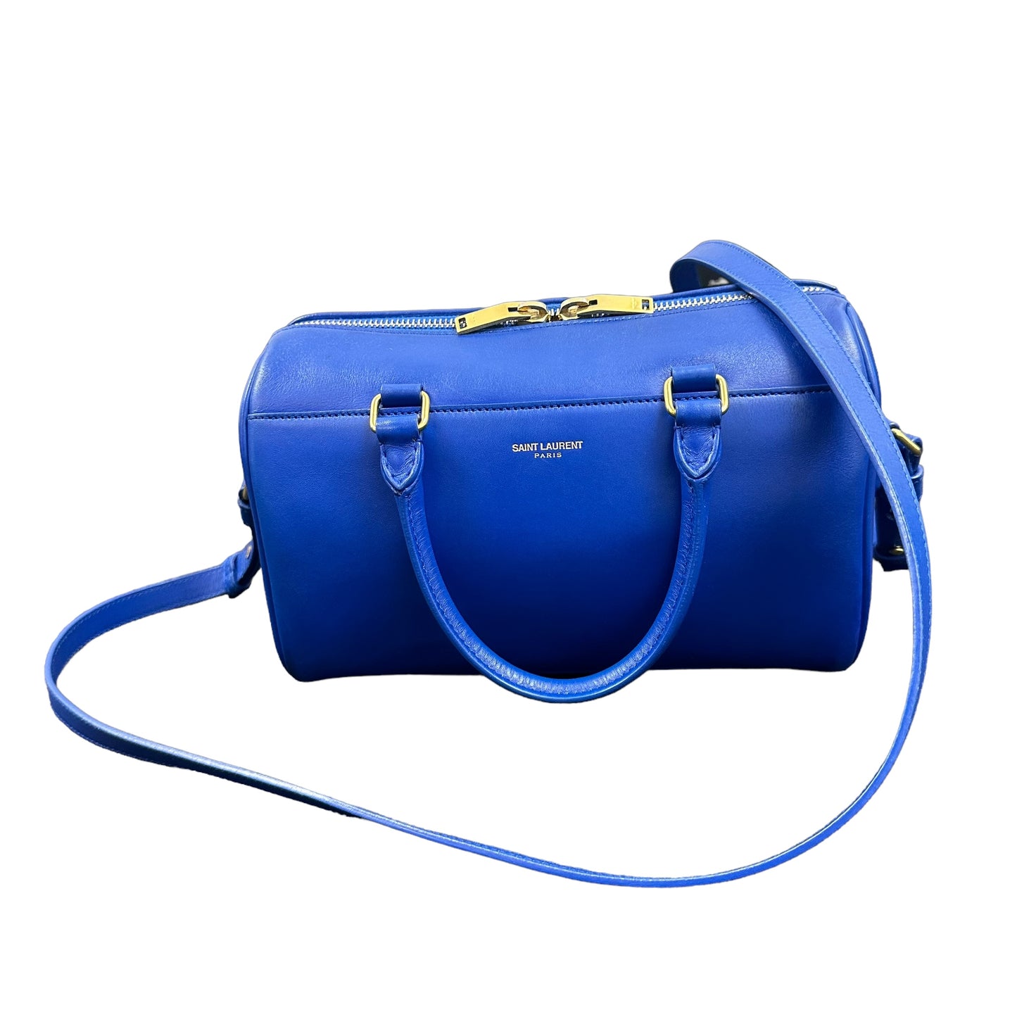 YSL Yves Saint Laurent Cobalt Blue Mini Calfskin Boston Two-Way Strap Speedy Bag
